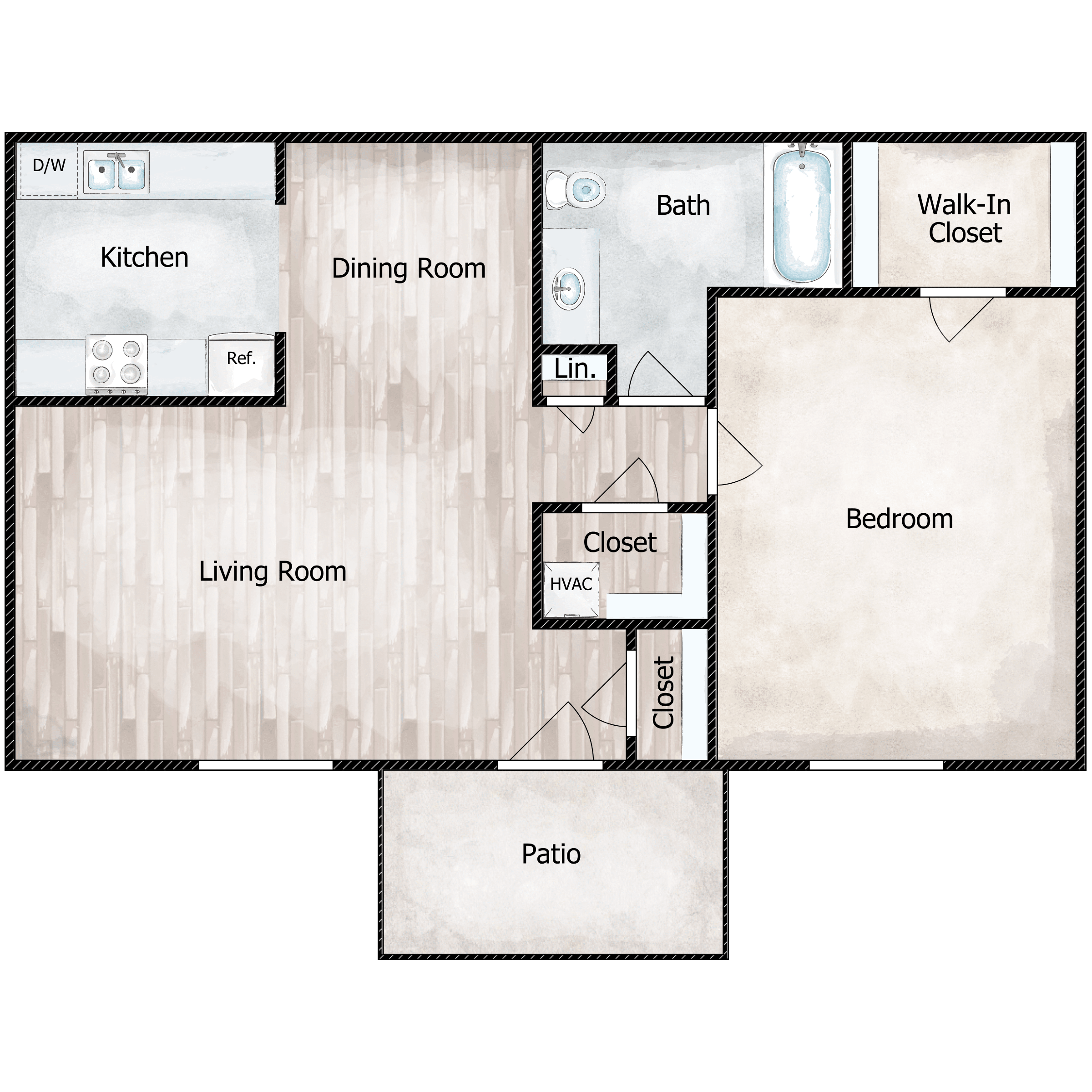 Floor plan for 1 bed, 1 bath, 795 sqft